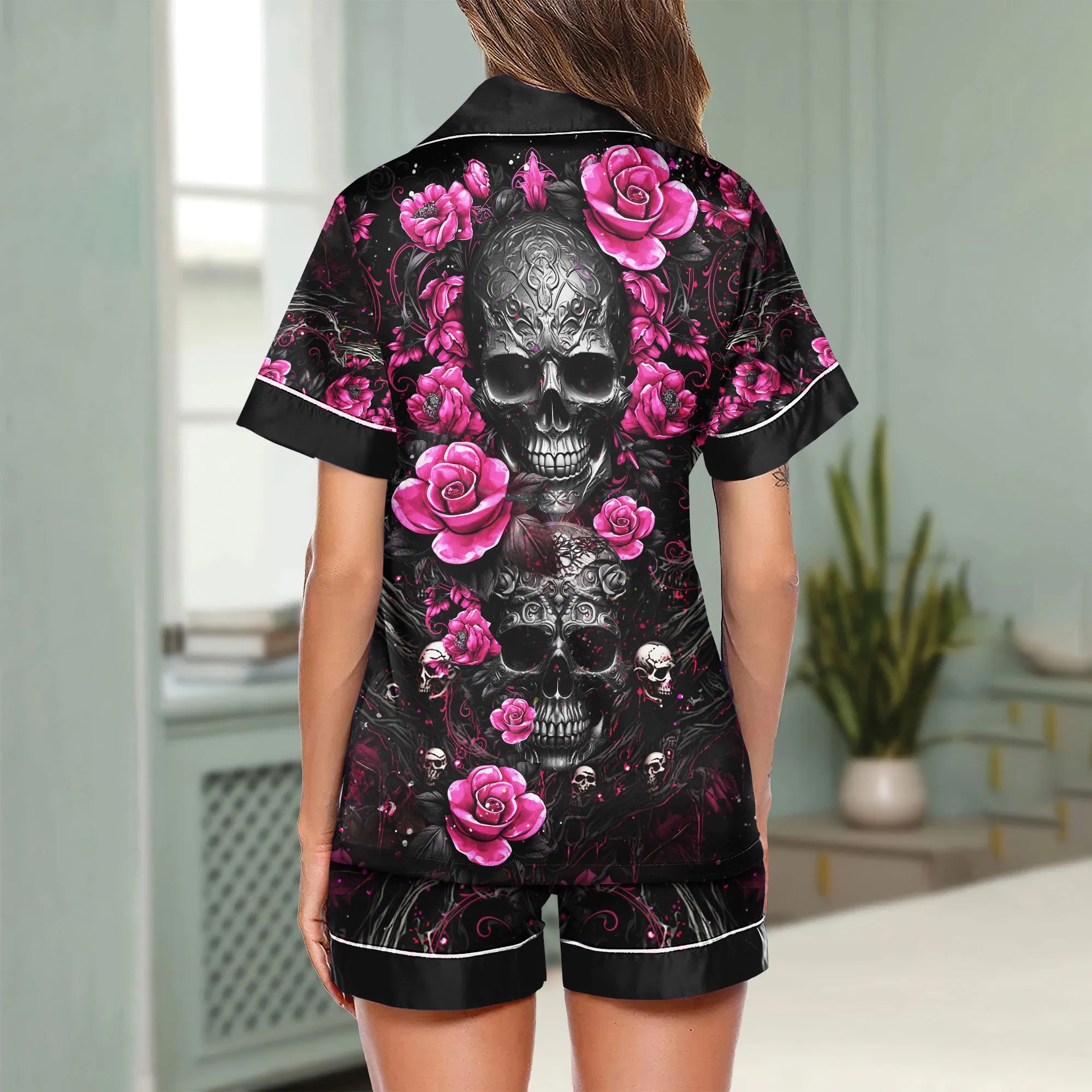 Sexy Black Pink Skull Gothic Women's Pajama Sets Top Sleeve & Short Bottom
