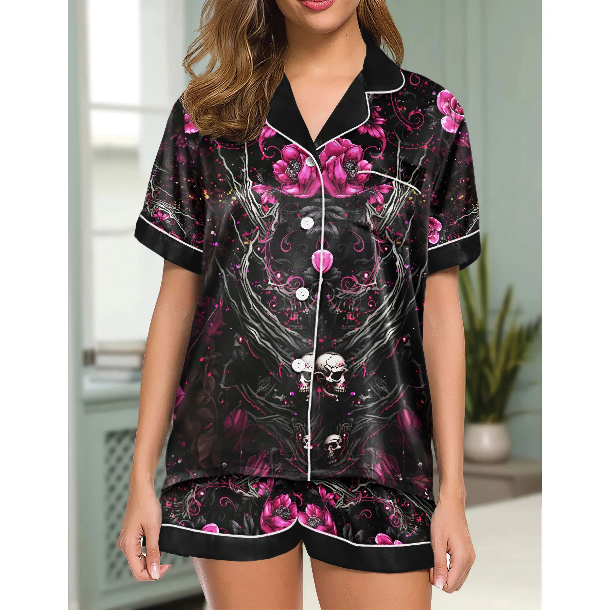 Sexy Black Pink Skull Gothic Women's Pajama Sets Top Sleeve & Short Bottom