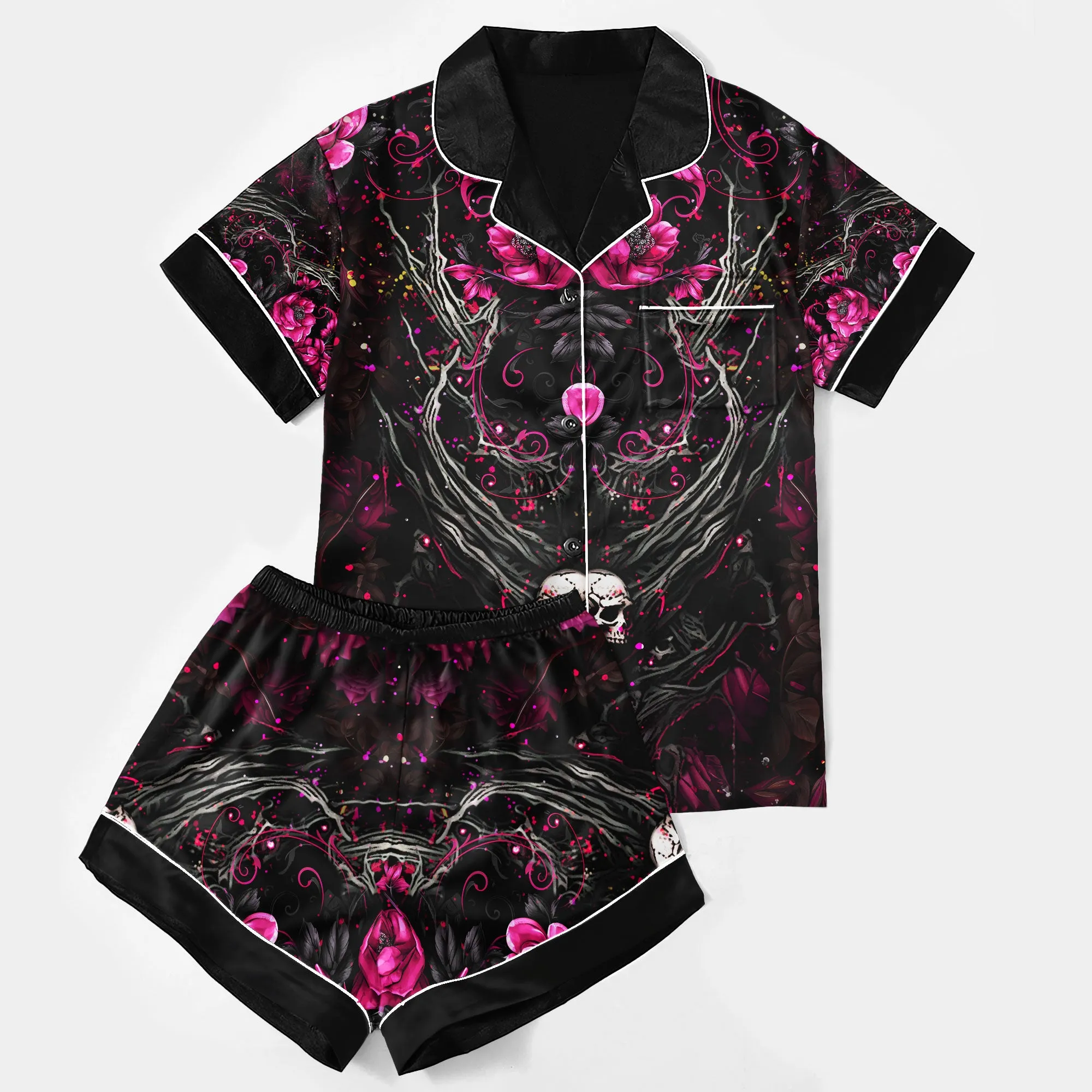 Sexy Black Pink Skull Gothic Women's Pajama Sets Top Sleeve & Short Bottom