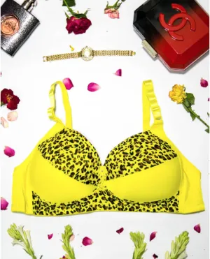 Sexy Cheetah Print Plus Size Bra - Yellow - Push Up Bra, Single Padded Bra