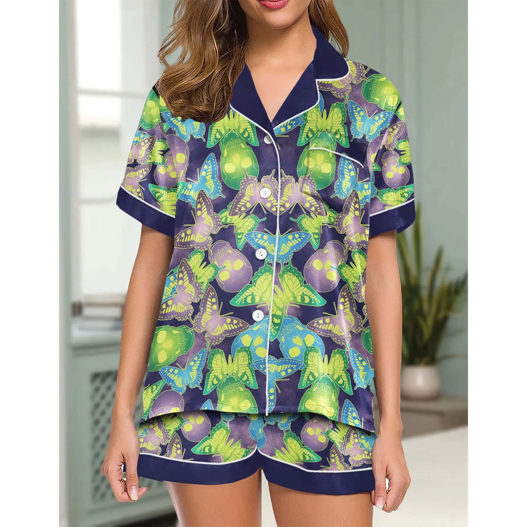 Sexy Colorful Skull Butterfly Women's Pajama Sets Top Sleeve & Short Bottom