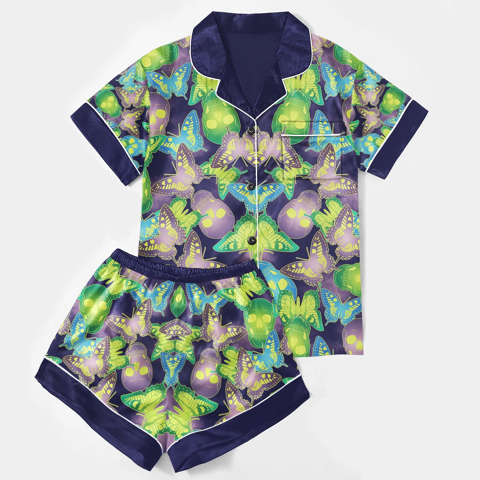 Sexy Colorful Skull Butterfly Women's Pajama Sets Top Sleeve & Short Bottom
