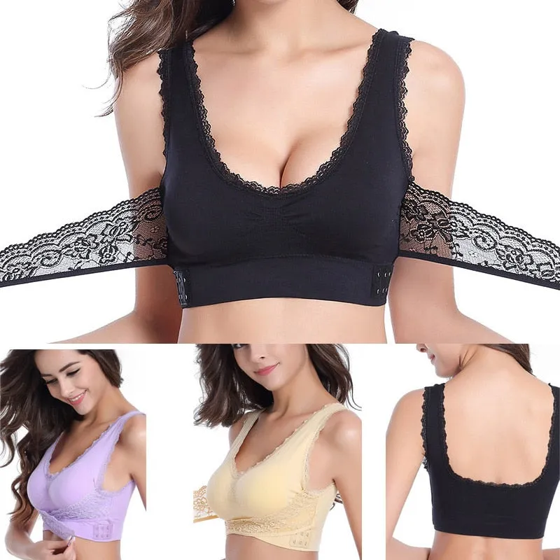 Sexy Front Cross Side Buckle Wireless Lace Breathable Sport Bra For Women Push Up