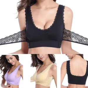 Sexy Front Cross Side Buckle Wireless Lace Breathable Sport Bra For Women Push Up