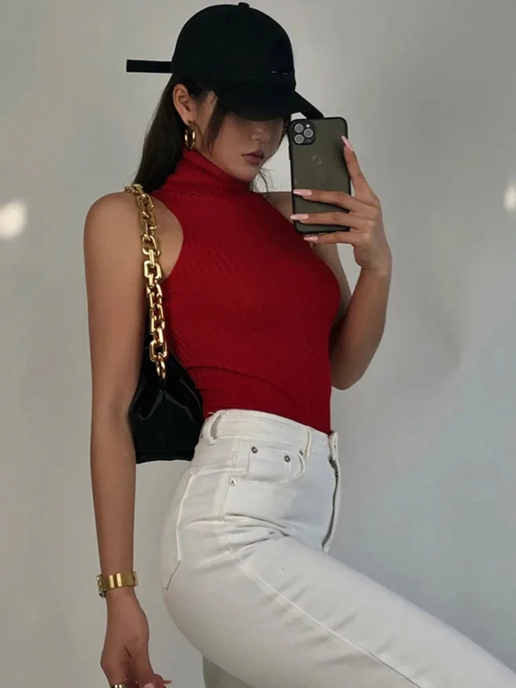 Sexy Knit Turtleneck Crop Top - Backless Sleeveless Camisole for Women, Summer Casual Fashion Vest