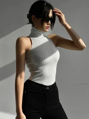Sexy Knit Turtleneck Crop Top - Backless Sleeveless Camisole for Women, Summer Casual Fashion Vest
