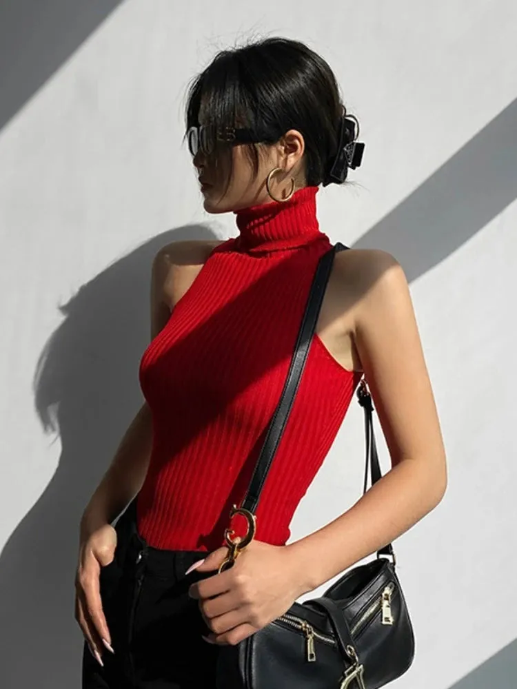 Sexy Knit Turtleneck Crop Top - Backless Sleeveless Camisole for Women, Summer Casual Fashion Vest