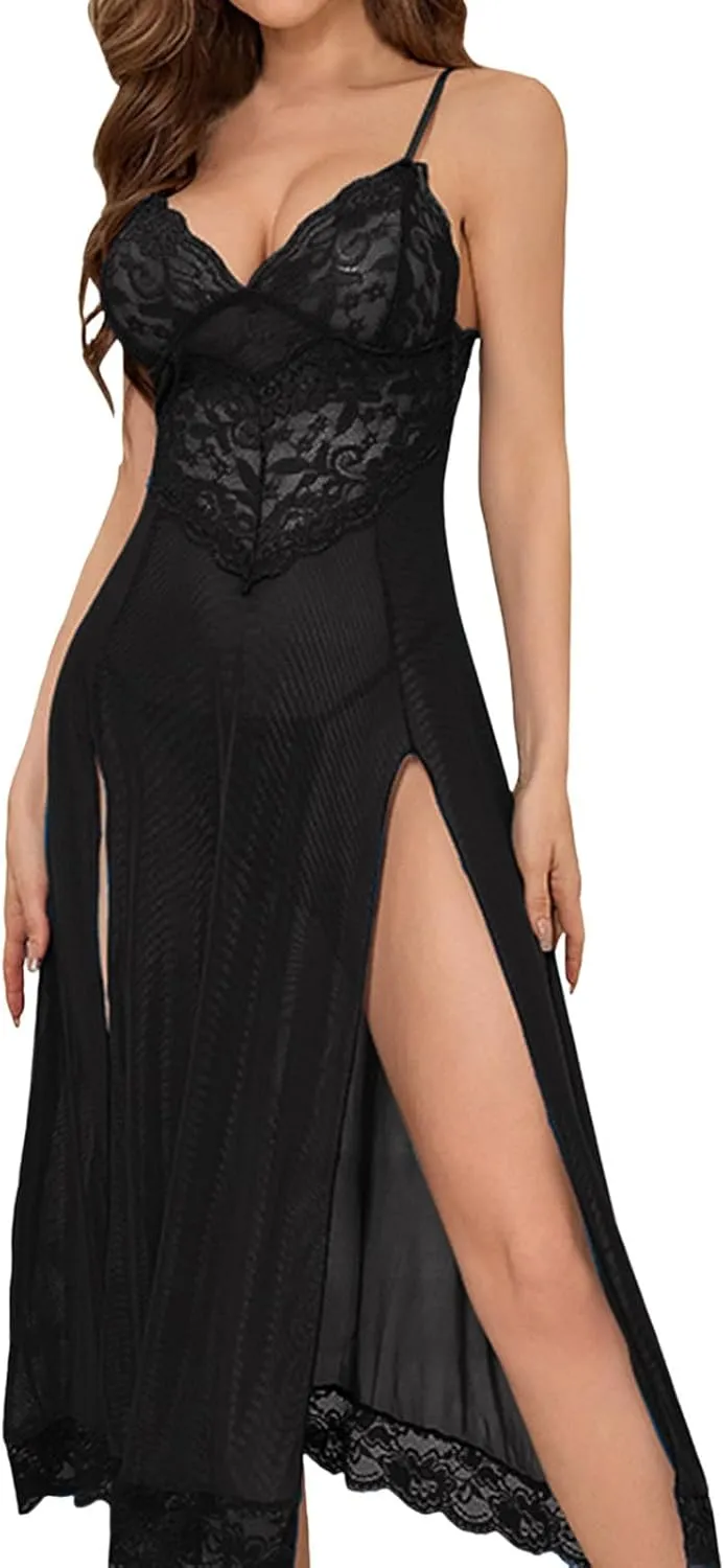 Sexy Lingerie for Women One Piece Sheer Mesh Lace Long Nightdress Spaghetti Strap Deeo V Neck Chemise Split Nightie