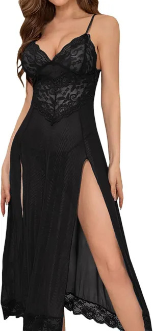 Sexy Lingerie for Women One Piece Sheer Mesh Lace Long Nightdress Spaghetti Strap Deeo V Neck Chemise Split Nightie