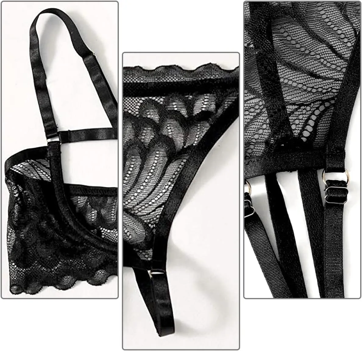 Sexy Lingerie Sheer Bra and Panties Set Floral Lace Mesh Babydoll 2 Piece Underwire Bralette Strappy G-String