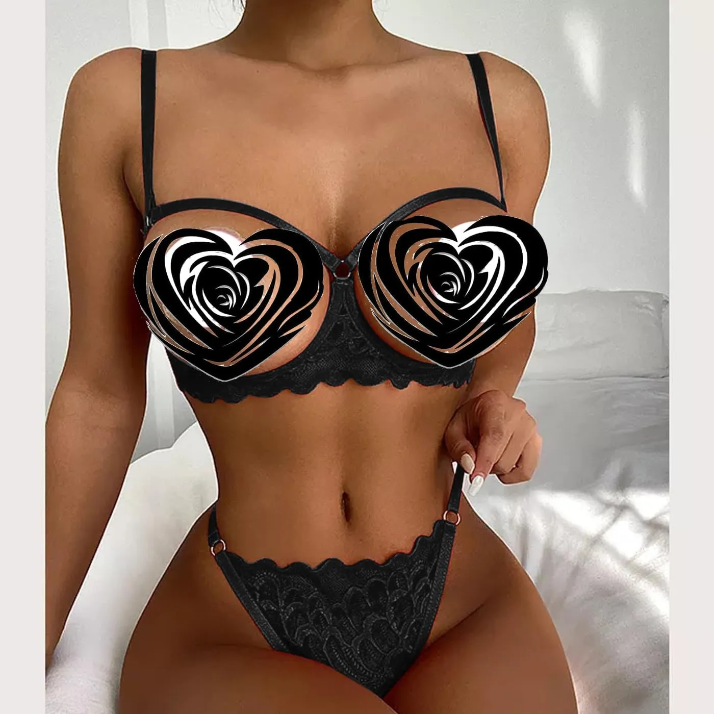Sexy Lingerie Sheer Bra and Panties Set Floral Lace Mesh Babydoll 2 Piece Underwire Bralette Strappy G-String