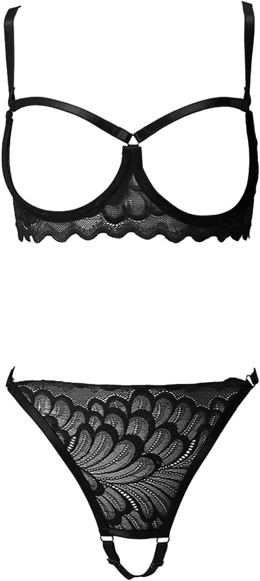 Sexy Lingerie Sheer Bra and Panties Set Floral Lace Mesh Babydoll 2 Piece Underwire Bralette Strappy G-String