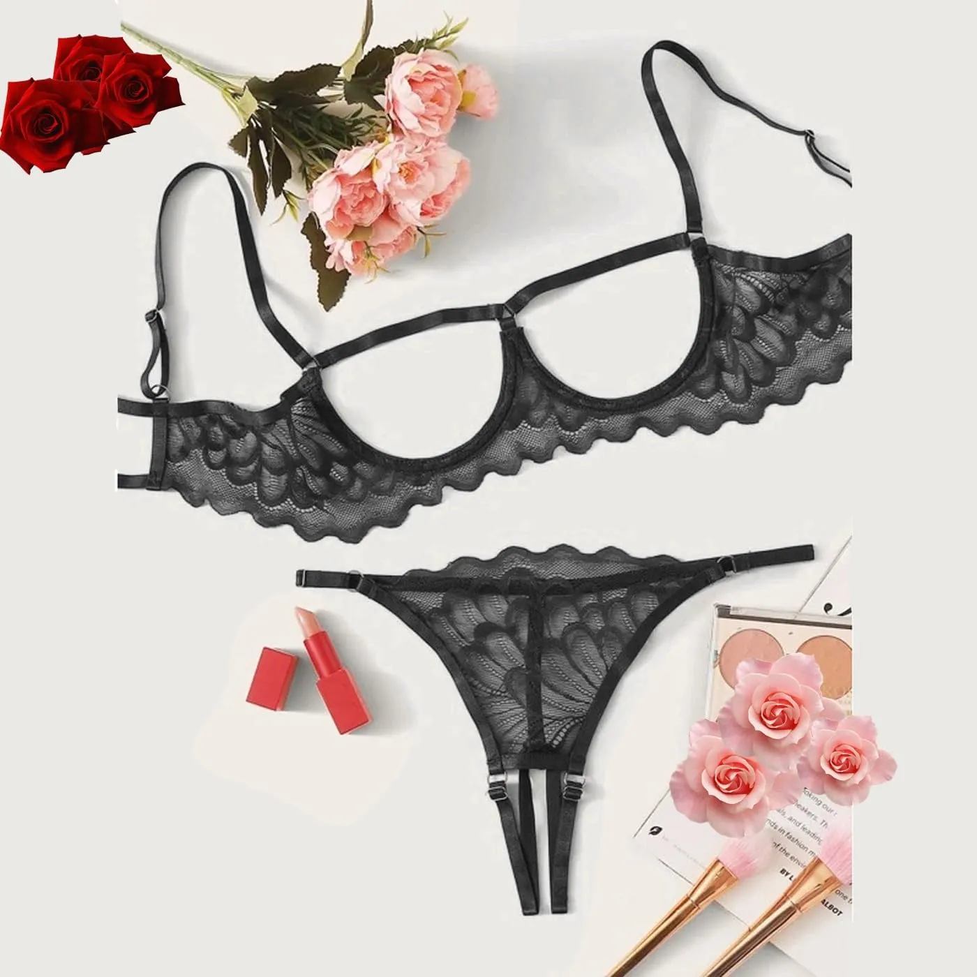 Sexy Lingerie Sheer Bra and Panties Set Floral Lace Mesh Babydoll 2 Piece Underwire Bralette Strappy G-String