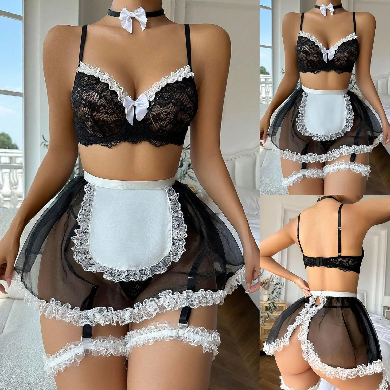 Sexy Lingerie Women's Sheer Mesh Lingerie Set,Lace Babydoll with Matching Thong,Perfect for Honeymoon