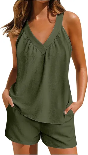 Sexy Pajamas Set for Women's Summer V Neck Solid Camisole Lightweight and Short Lounge Pant Two Piece Pajama Set
