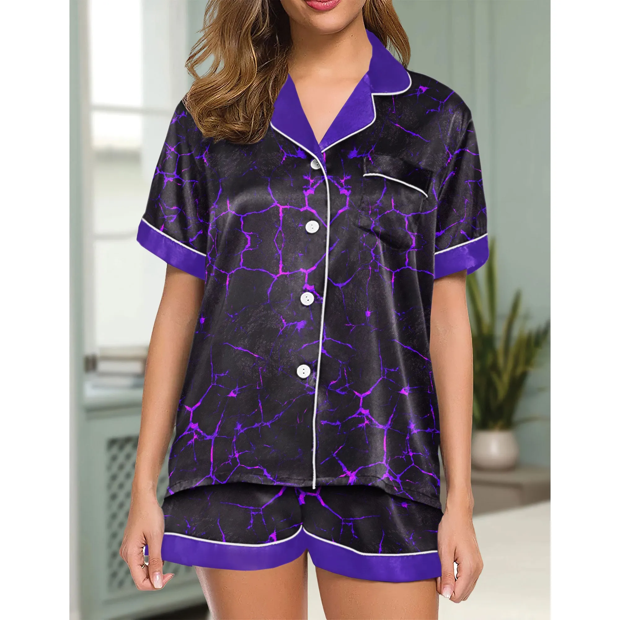 Sexy Purple Skull Lava Gothic Women's Pajama Sets Top Sleeve & Short Bottom