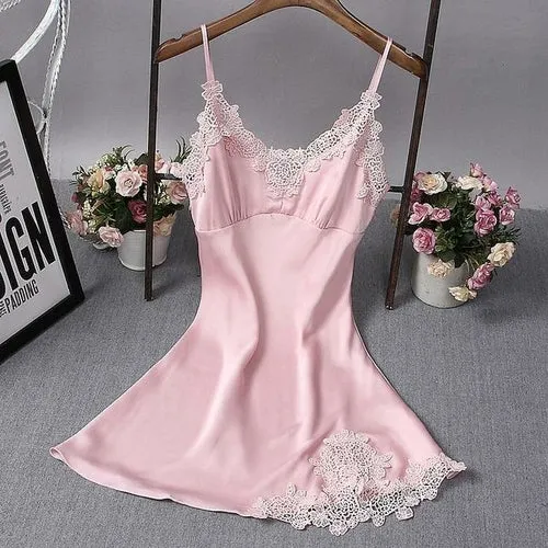 Sexy Womens Nightdress Oversize M-4xl Silky Satin Lace Strap Sleep