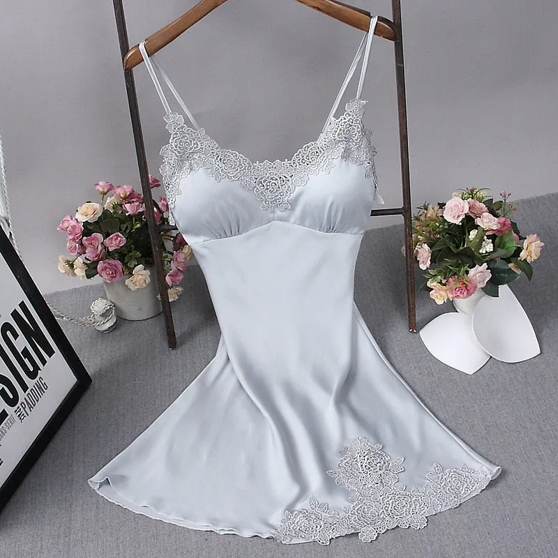 Sexy Womens Nightdress Oversize M-4xl Silky Satin Lace Strap Sleep