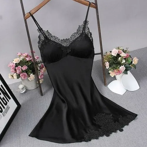 Sexy Womens Nightdress Oversize M-4xl Silky Satin Lace Strap Sleep