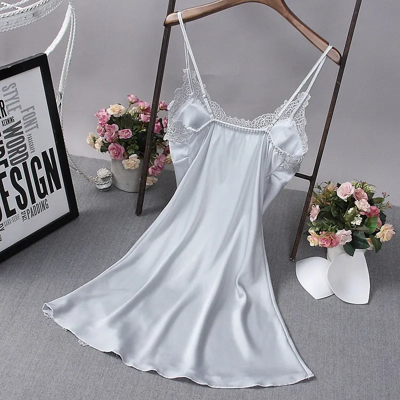Sexy Womens Nightdress Oversize M-4xl Silky Satin Lace Strap Sleep