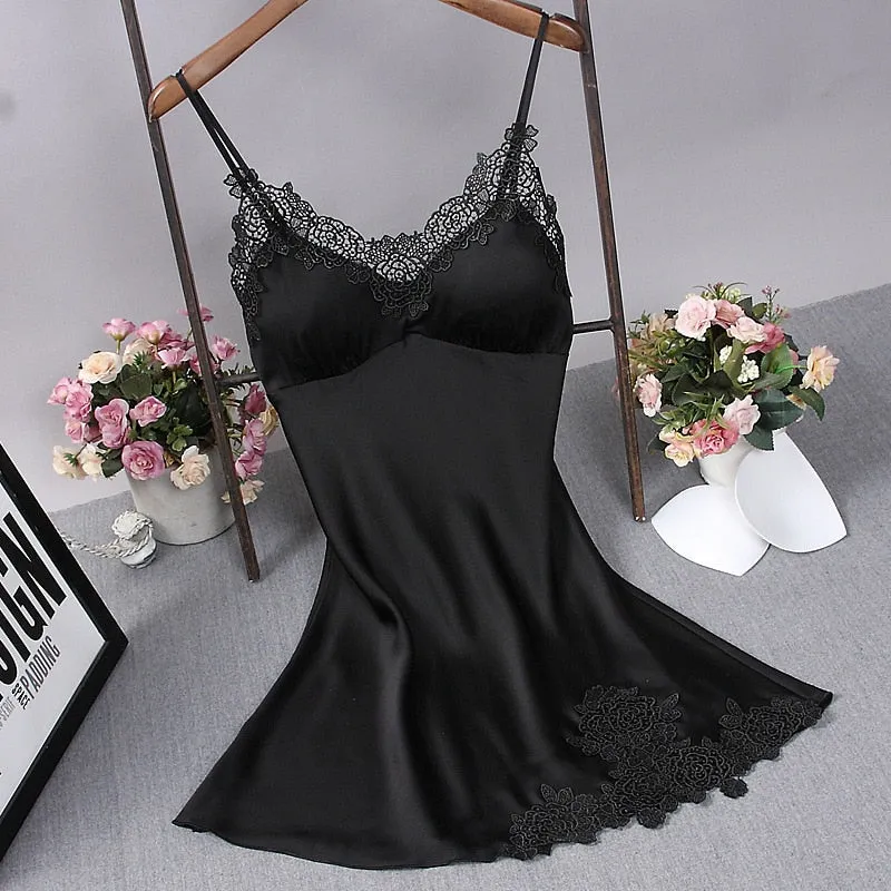Sexy Womens Nightdress Oversize M-4xl Silky Satin Lace Strap Sleep