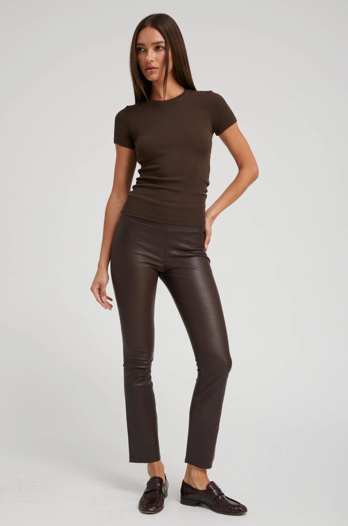 Dark Chocolate Leather Ankle Flare Postpartum Fit Summer Wear Active Lifestyle Durable Stitch