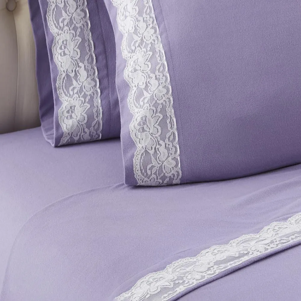 Shavel Micro Flannel Shavel Durable & High Quality Luxurious Lace-Edged Sheet Set Including Flat Sheet, Fitted Sheet & Pillowcase