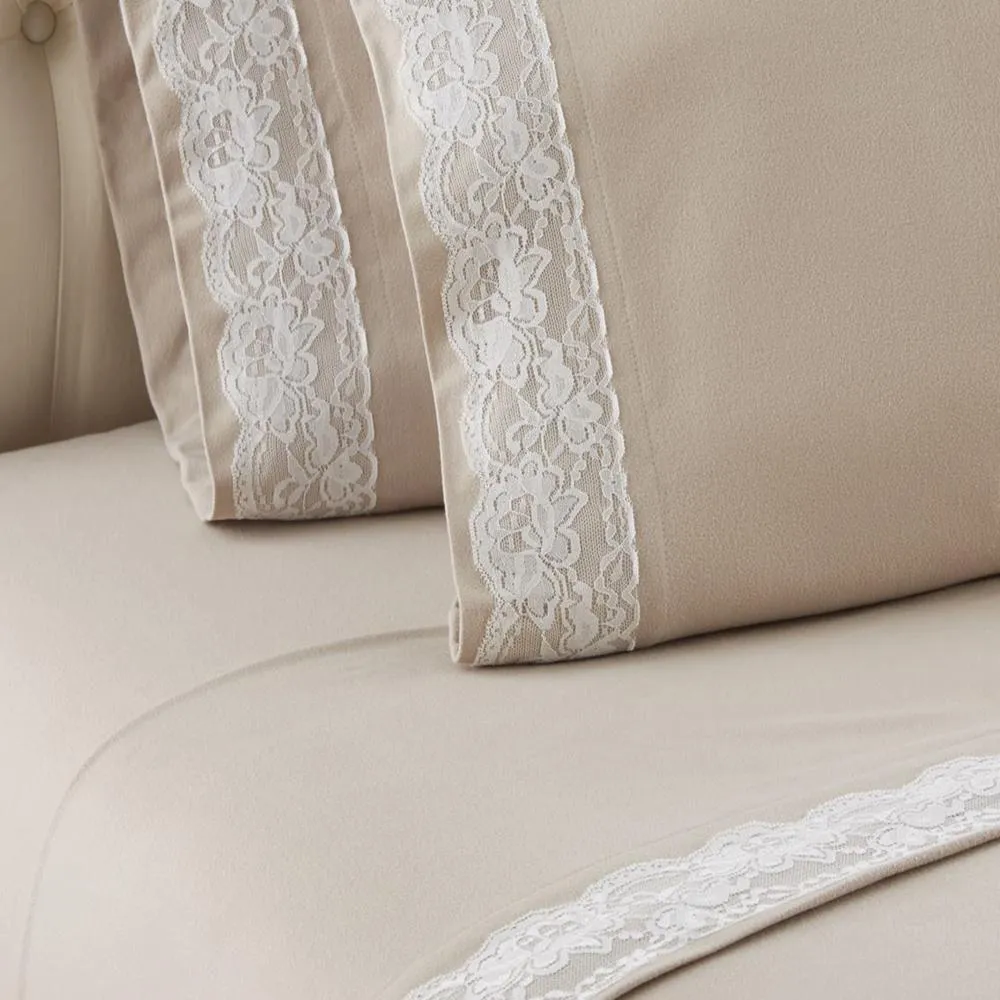Shavel Micro Flannel Shavel Durable & High Quality Luxurious Lace-Edged Sheet Set Including Flat Sheet, Fitted Sheet & Pillowcase