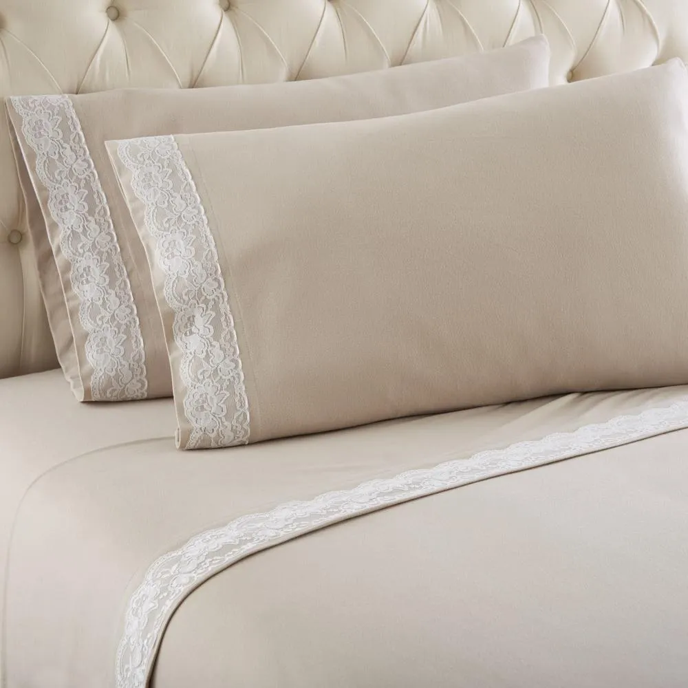 Shavel Micro Flannel Shavel Durable & High Quality Luxurious Lace-Edged Sheet Set Including Flat Sheet, Fitted Sheet & Pillowcase