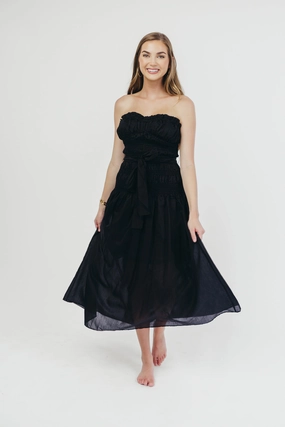 Fashionable outfit for outings Contemporary Style Devin Strapless Midi Dress with Sash in Black