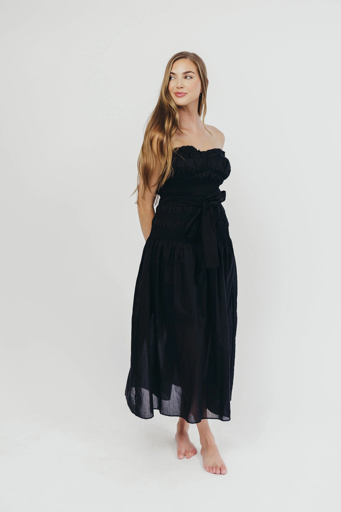 Self Power Red-Carpet Devin Strapless Midi Dress with Sash in Black