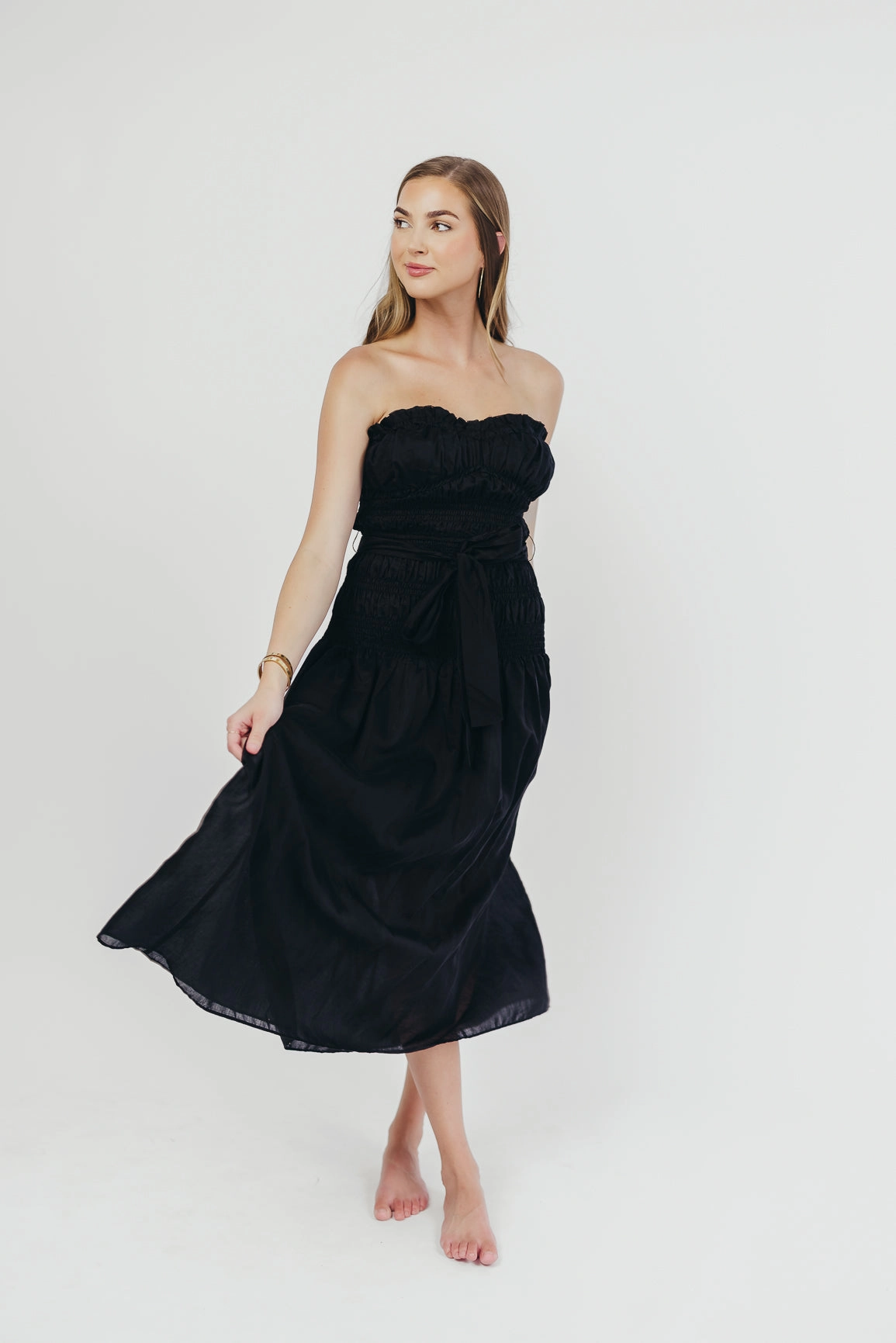 Smart and Elegant relaxed shape Devin Strapless Midi Dress with Sash in Black