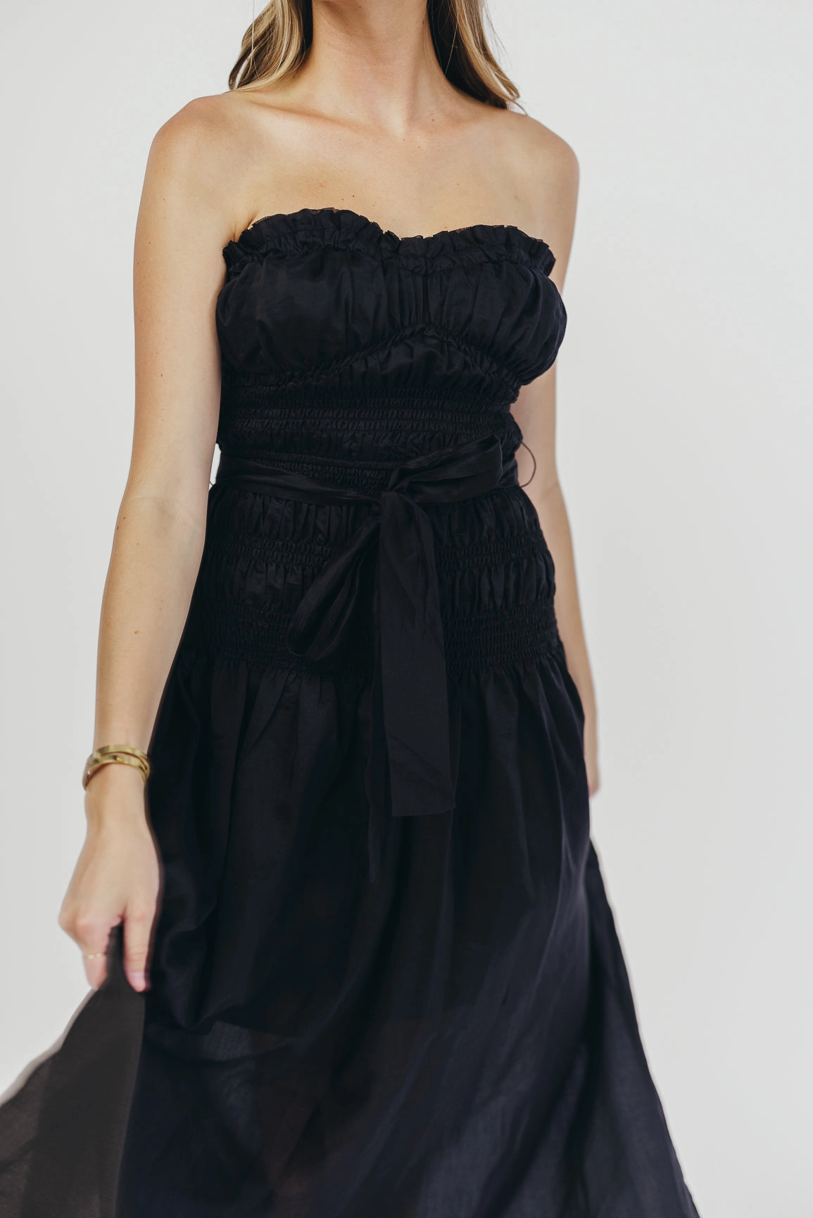 Devin Strapless Midi Dress with Sash in Black Lounge Outfit