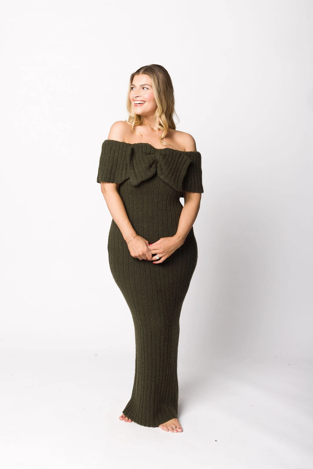 Light Flow Chill Mode Aston Bow Front Maxi Sweater Dress in Dark Green - Bump Friendly
