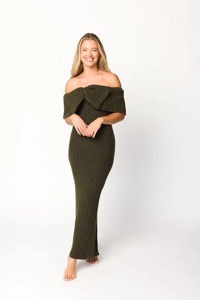 Aston Bow Front Maxi Sweater Dress in Dark Green - Bump Friendly Bow-Detail