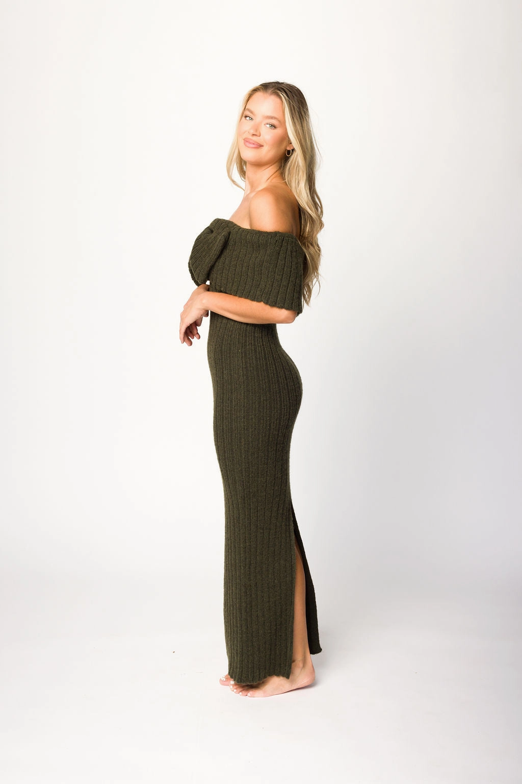Side Slit Smart and Stylish Aston Bow Front Maxi Sweater Dress in Dark Green - Bump Friendly