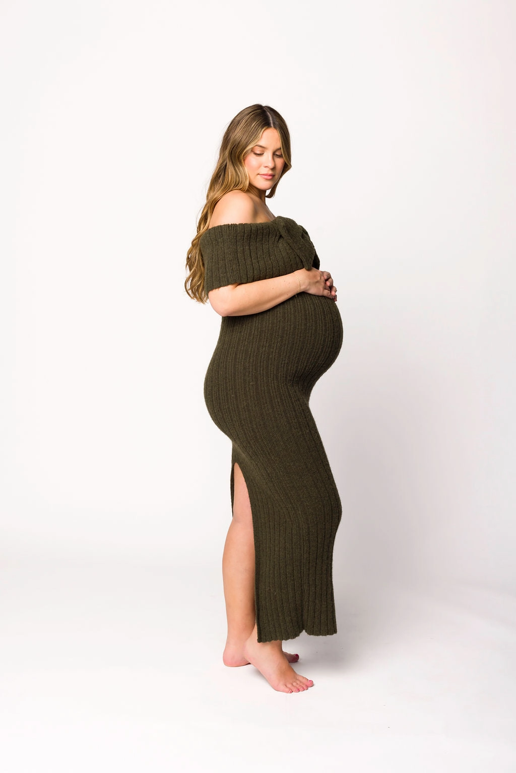 Boxy-Style Aston Bow Front Maxi Sweater Dress in Dark Green - Bump Friendly