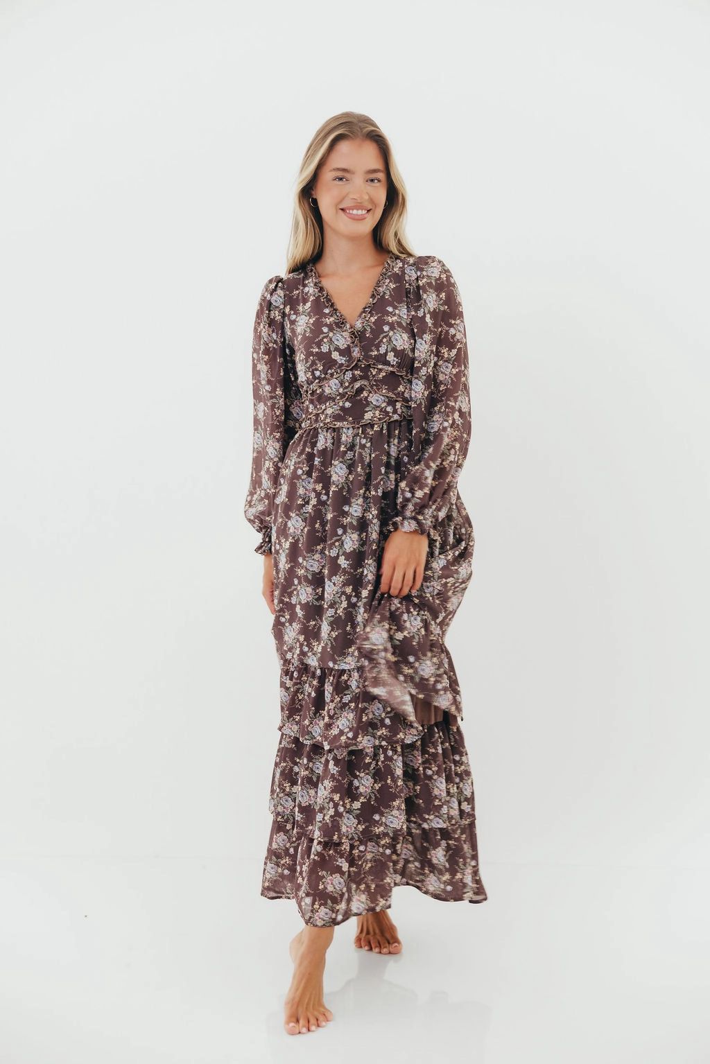 Tailored Elegance Shenae Ruffled Tiered Floral Maxi Dress in Mocha Mousse