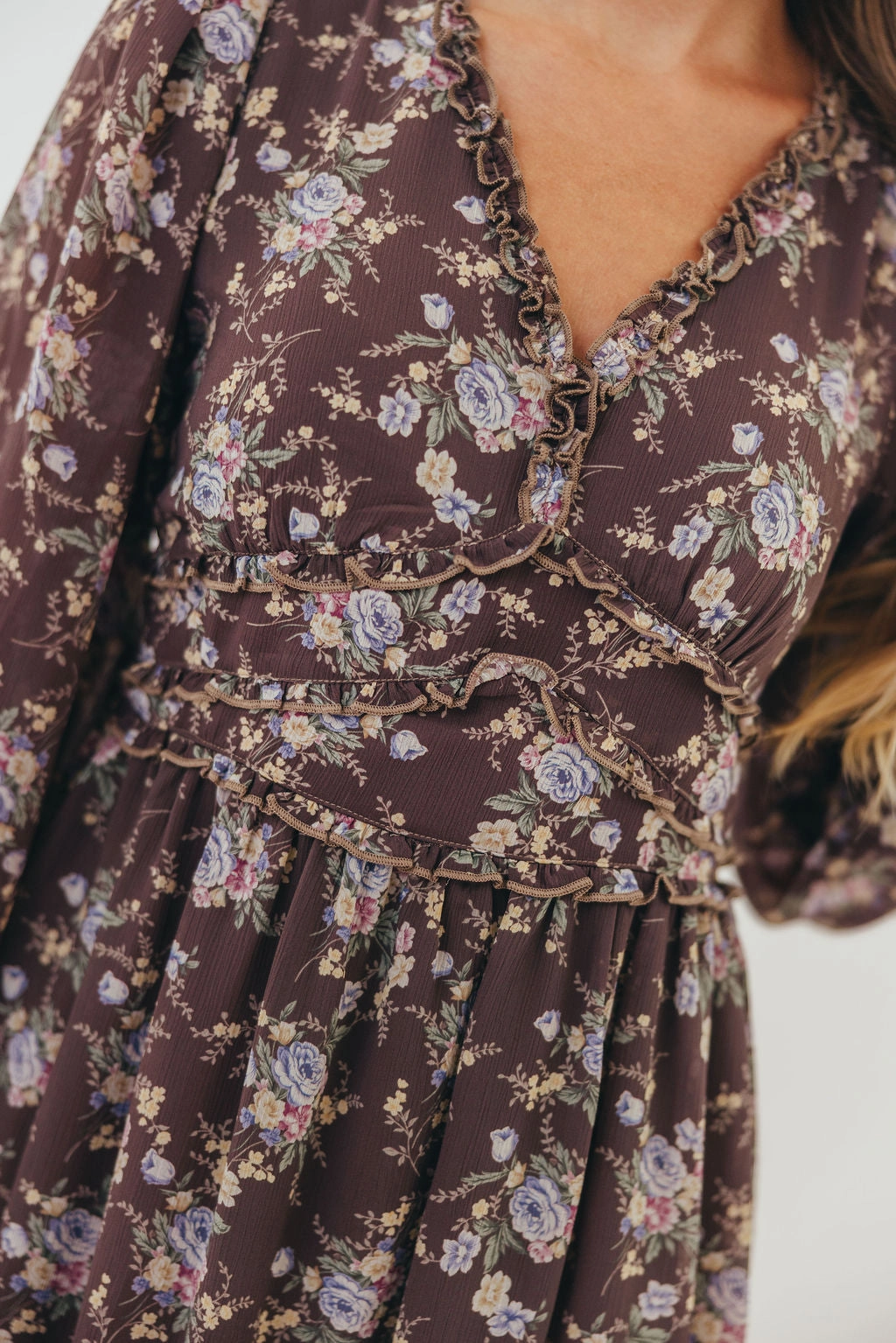 Shenae Ruffled Tiered Floral Maxi Dress in Mocha Mousse Relaxed work dress