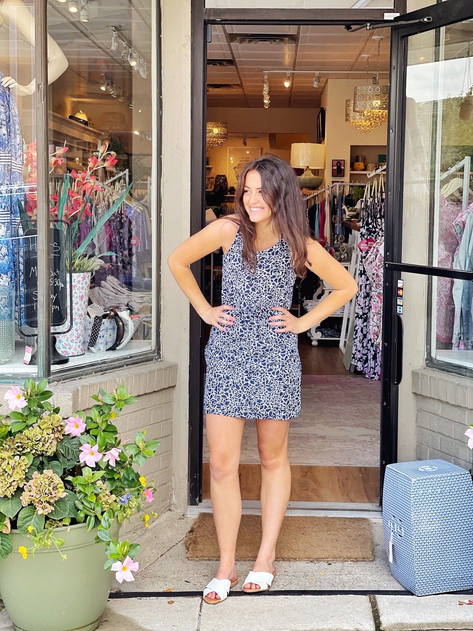 Bali Tank Dress Variegated Leaves Navy/White Daily Style Silk Flow