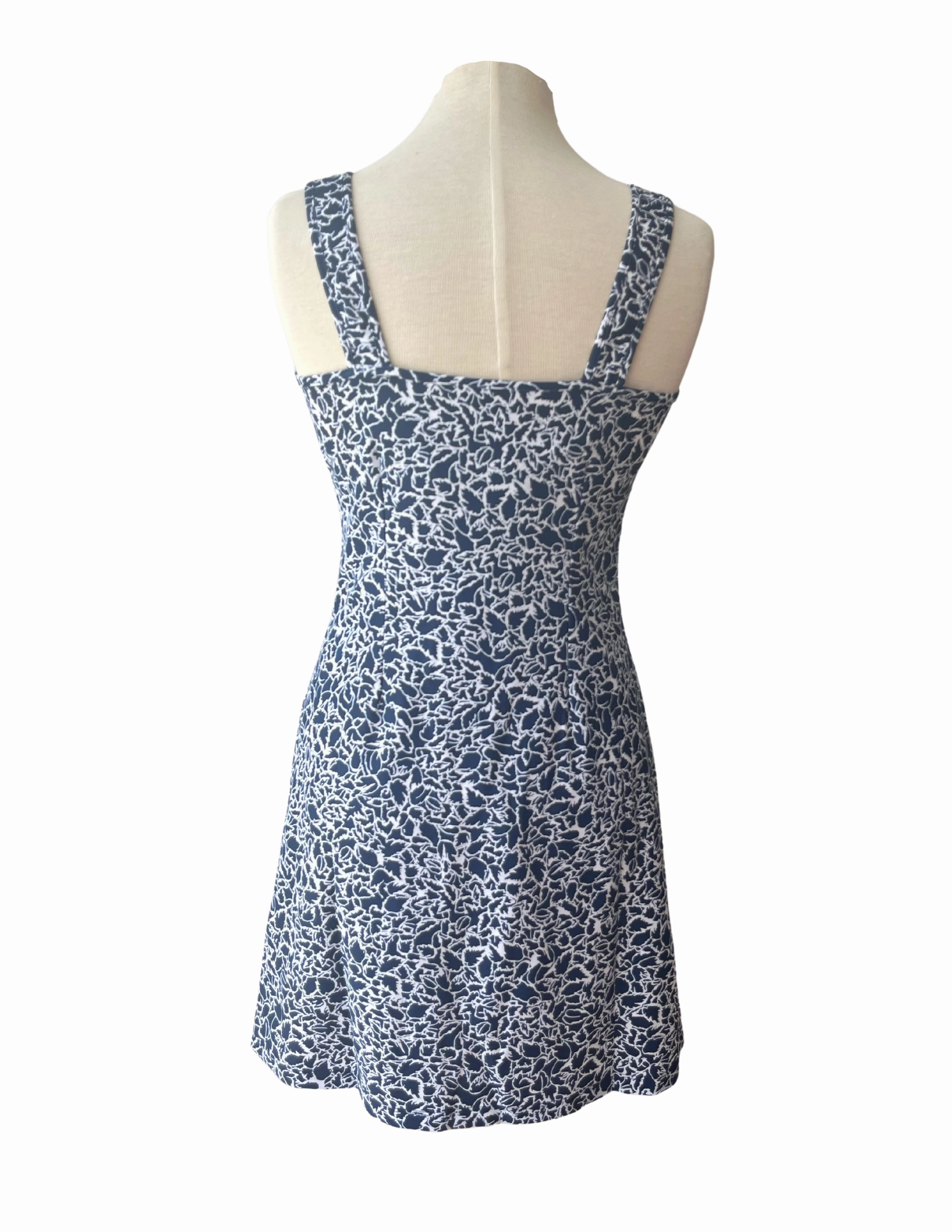 Empire-Waist Bali Tank Dress Variegated Leaves Navy/White