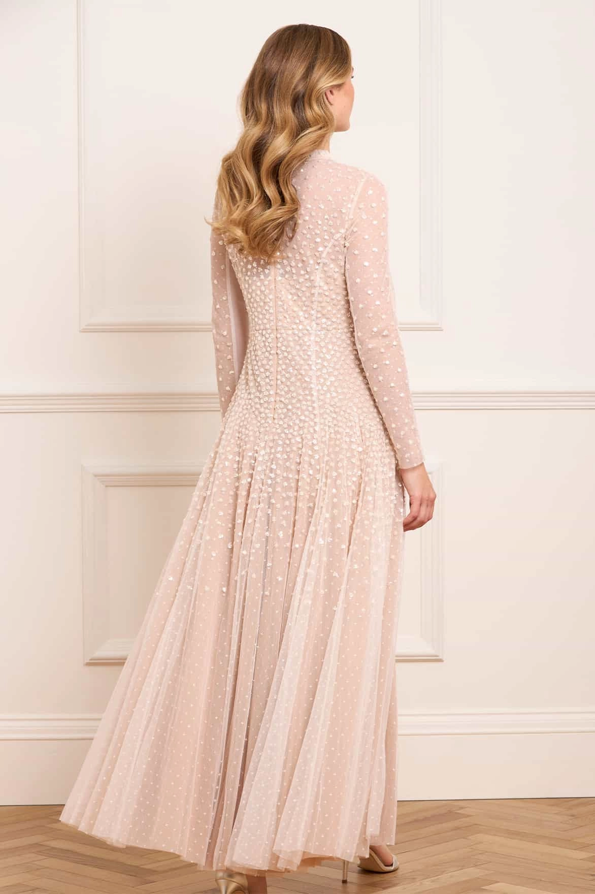 Subtle Charm Sleek Waistband Sequin Cascade Round Neck Gown