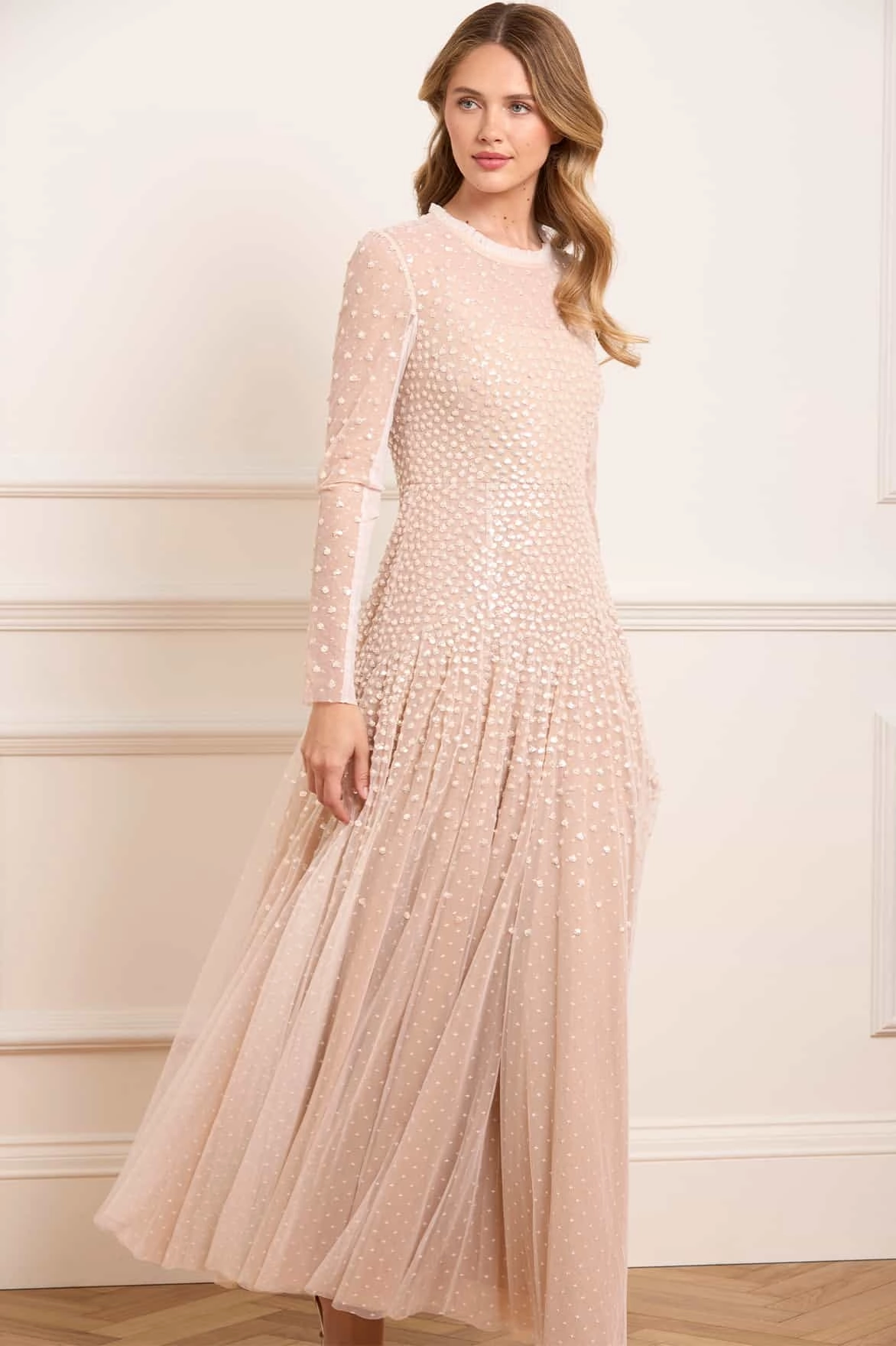 Airy Base Flexible Layers Sequin Cascade Round Neck Gown