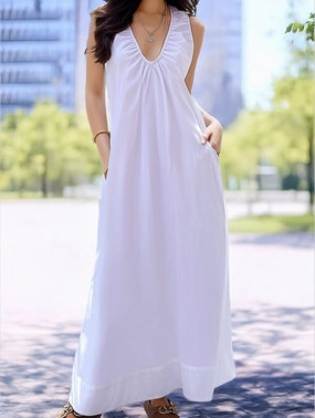 Seaside Vacation Sleeveless U-Neck Maxi Dress ??Flowy Resort Style Chilly Day Comfort