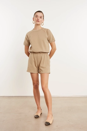 Sporty Cardigan Thermal Regulation System Khaki Cotton Raglan Sweatshirt Tee