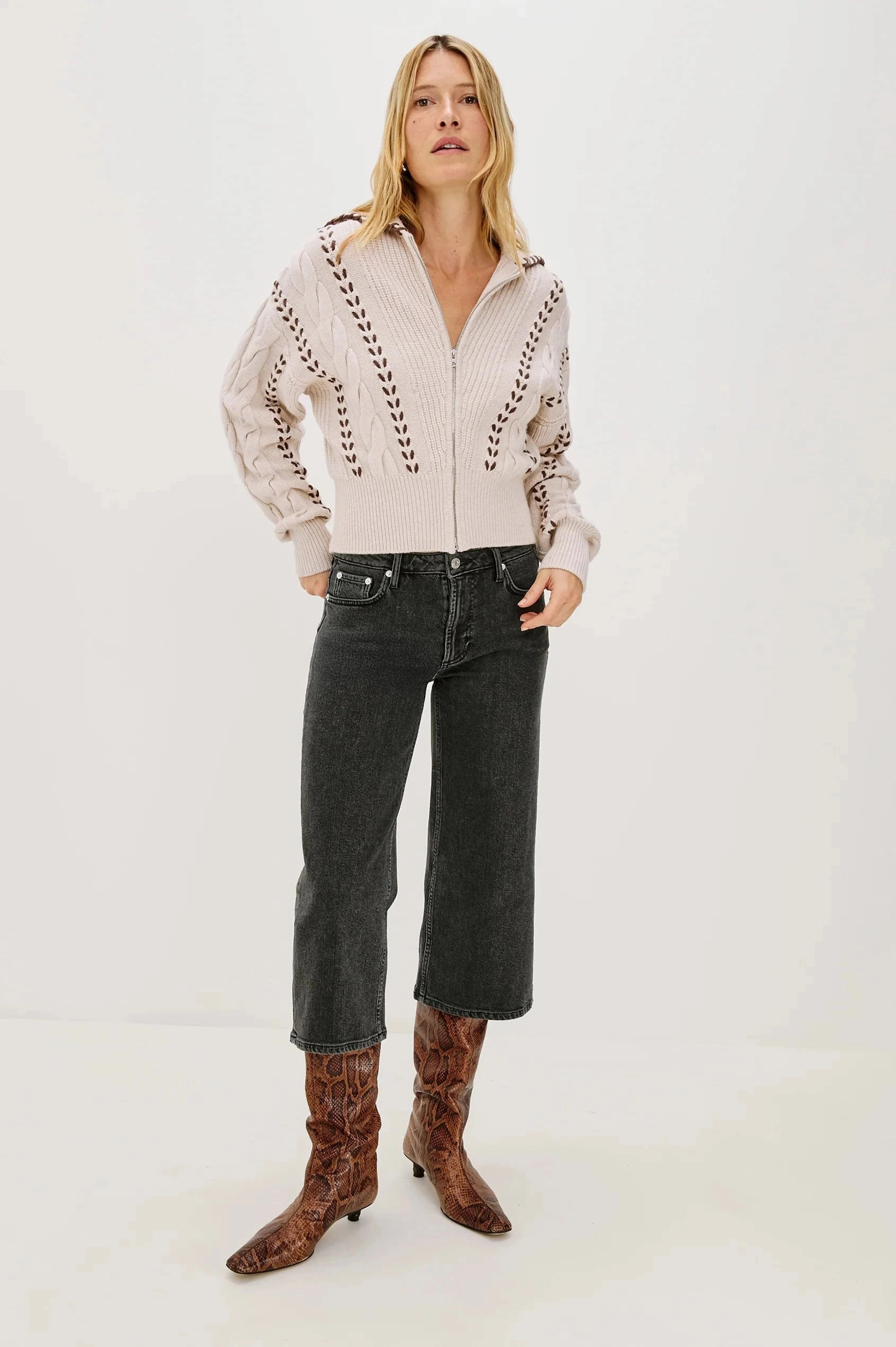 Minimalist Collar FourWayStretch Lune Sweater Oatmeal Brown Whipstitch