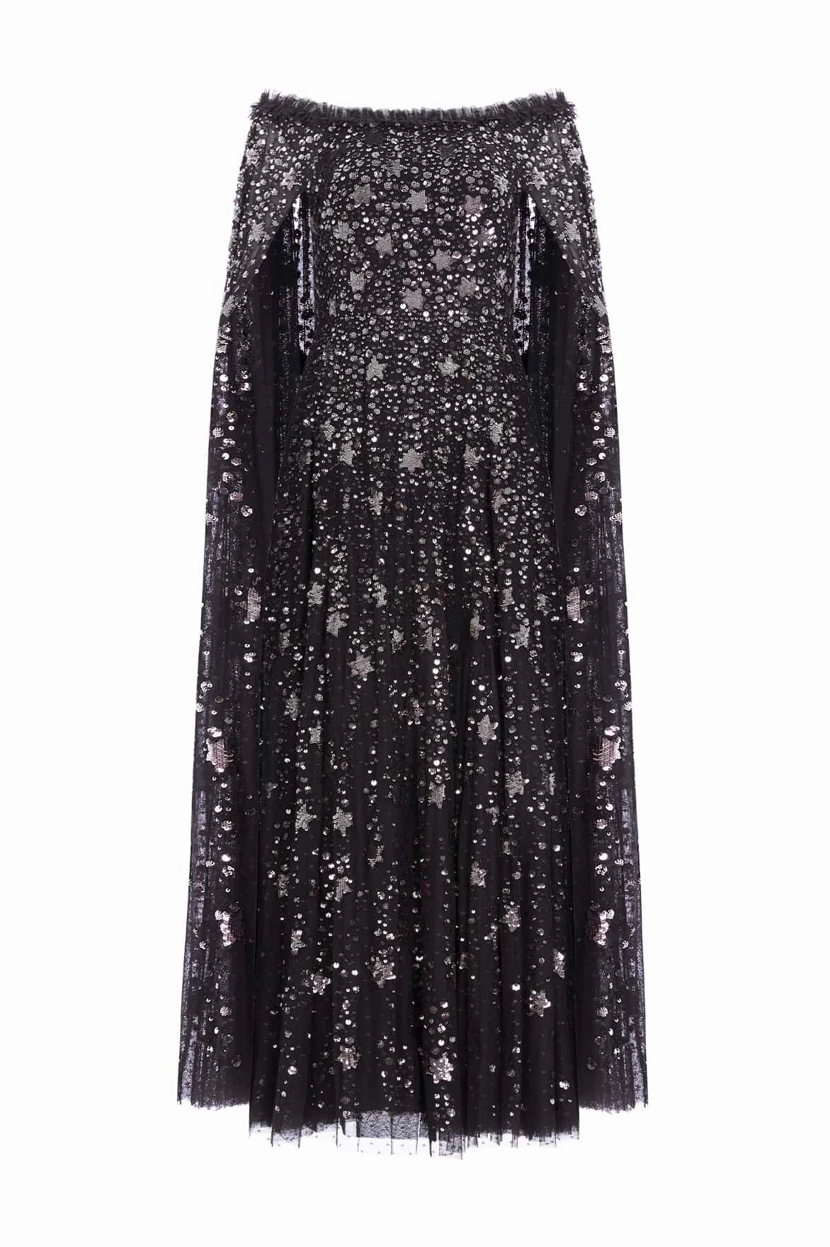 Luxe Fabric Shooting Stars Cape Ankle Gown