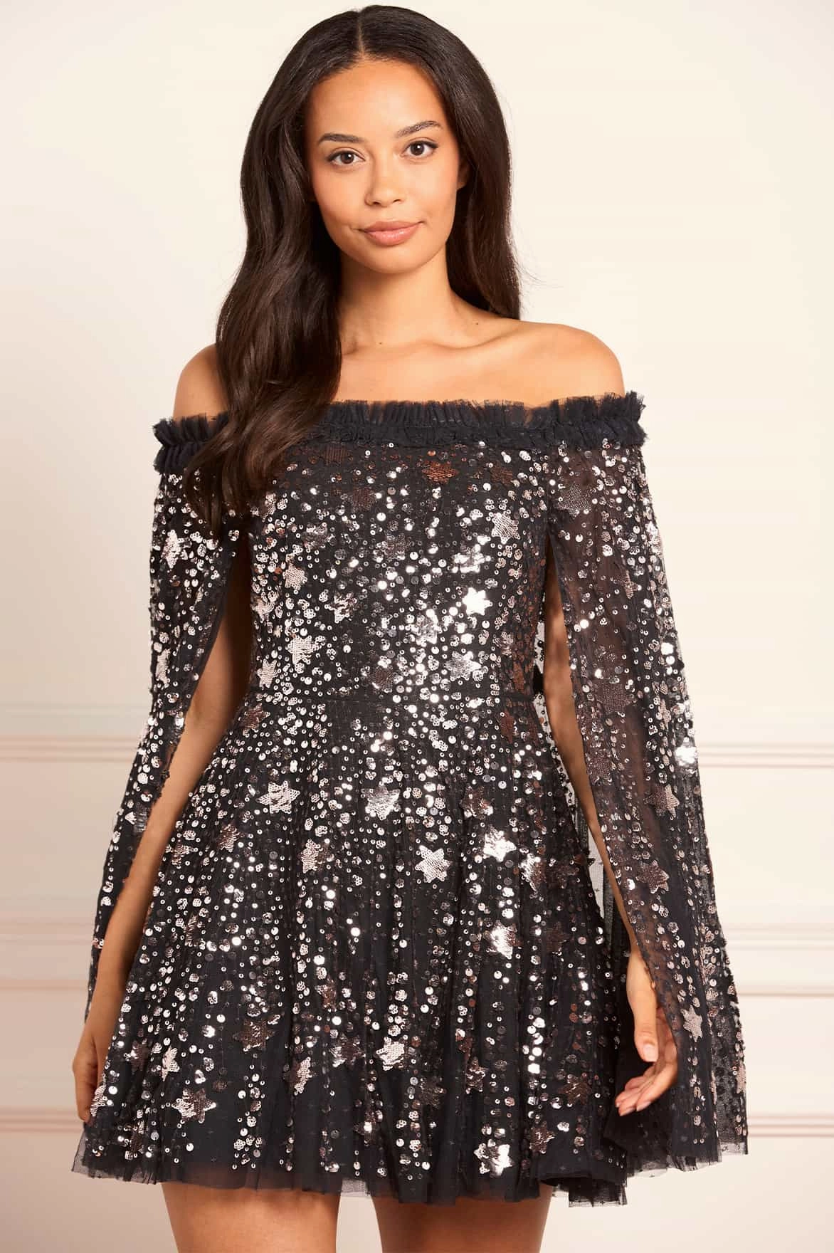 Sophisticated Fit Night Style Shooting Stars Cape Micro Mini Dress