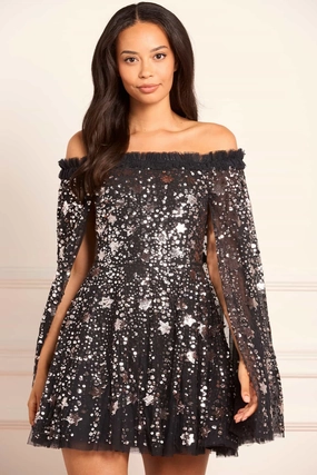 Sophisticated Fit Night Style Shooting Stars Cape Micro Mini Dress