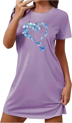 Short Nightgowns for Women Butterfly Heart Print Loose Nightshirt Short Sleeve Sleepwear Soft Summer Tshirt Dress